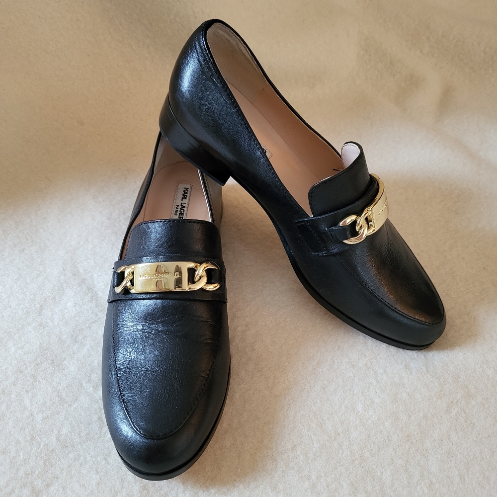 Karl Lagerfeld Black Cabana Loafers Women's Size 6 Leather Slip-on Goldtone Logo